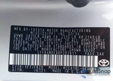 2024 Toyota Corolla Le z USA, uszkodzony, nr VIN 5YFB4MDE8RP202811